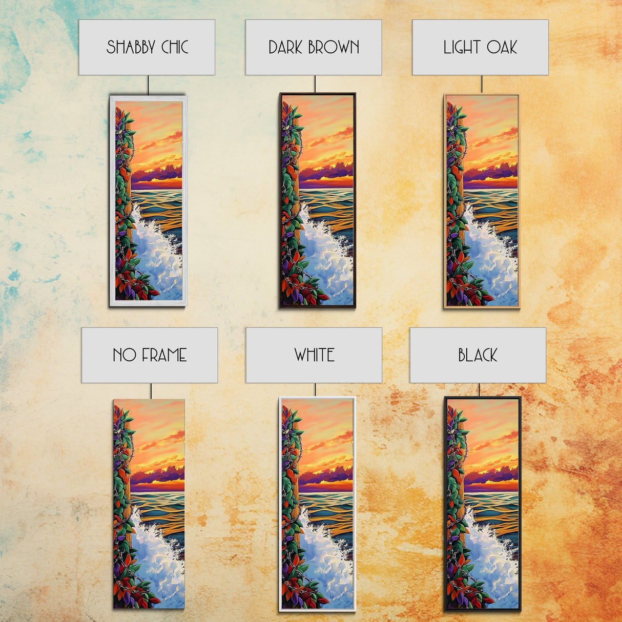 Sunset Waves, Colorful Leaves, Beach Serenity, Framed Canvas Print, vibrant ocean wall decor, boho coastal living room art
