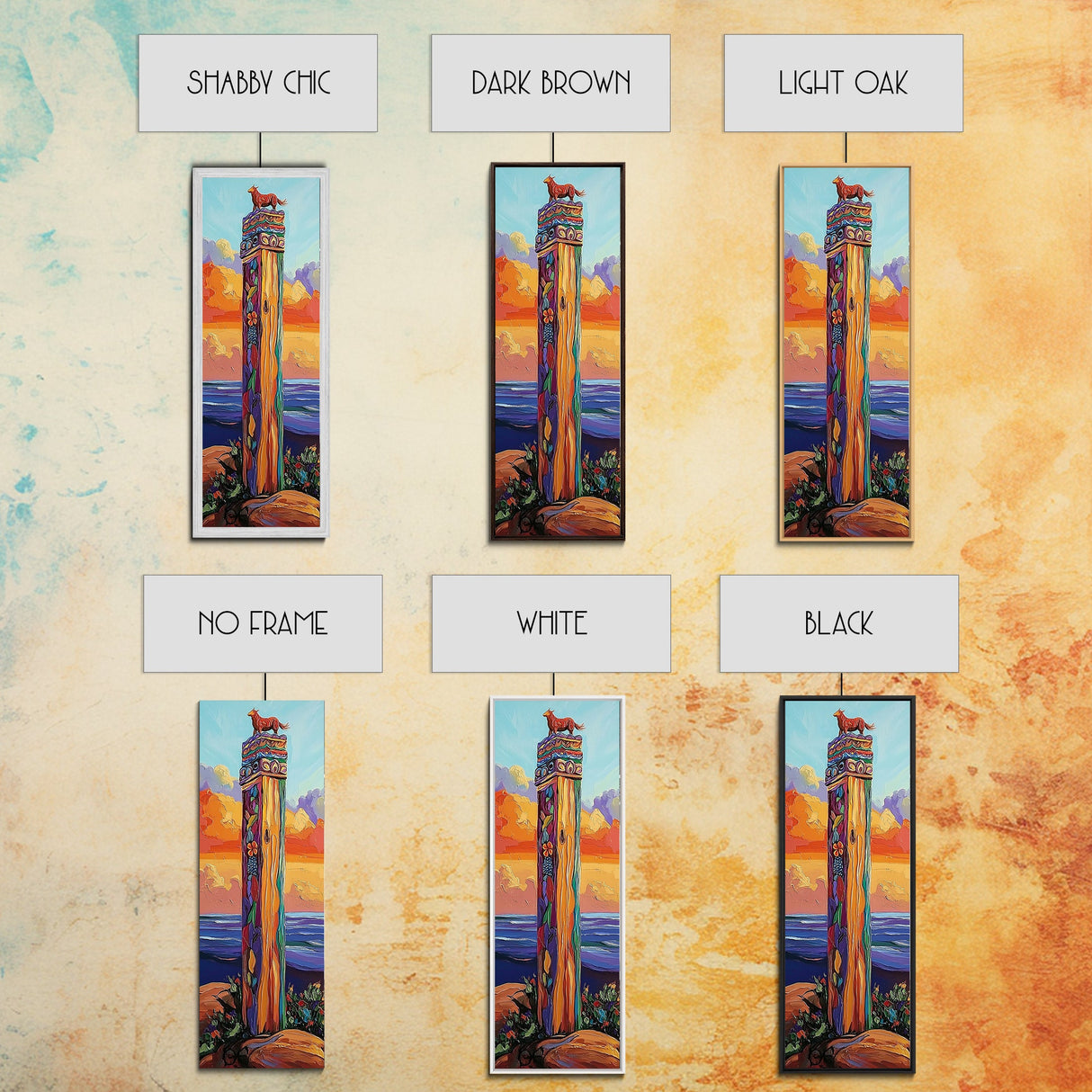 Totem, Ocean, Sunset, Whimsy - Framed Canvas Print, Coastal Totem Wall Art, Whimsical Beach House Decor, Colorful Folk Art Living Room Style