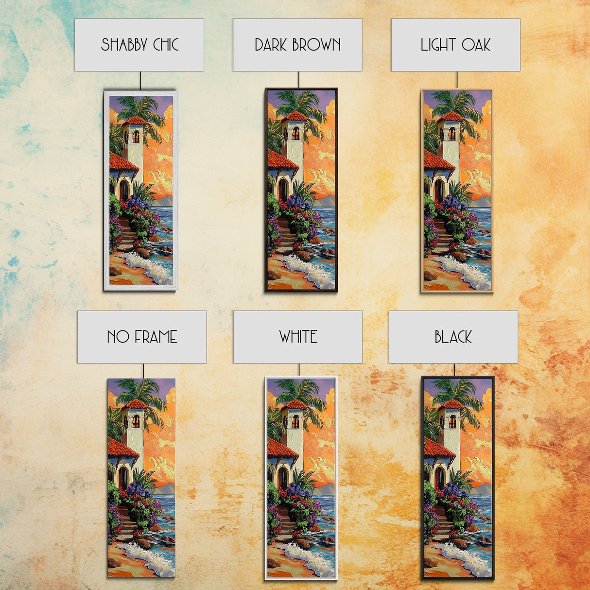 Seaside, Villa, Sunset, Palms, Framed Canvas Print, Coastal tropical wall art, beach house decor, boho living room painting, colorful home vibes