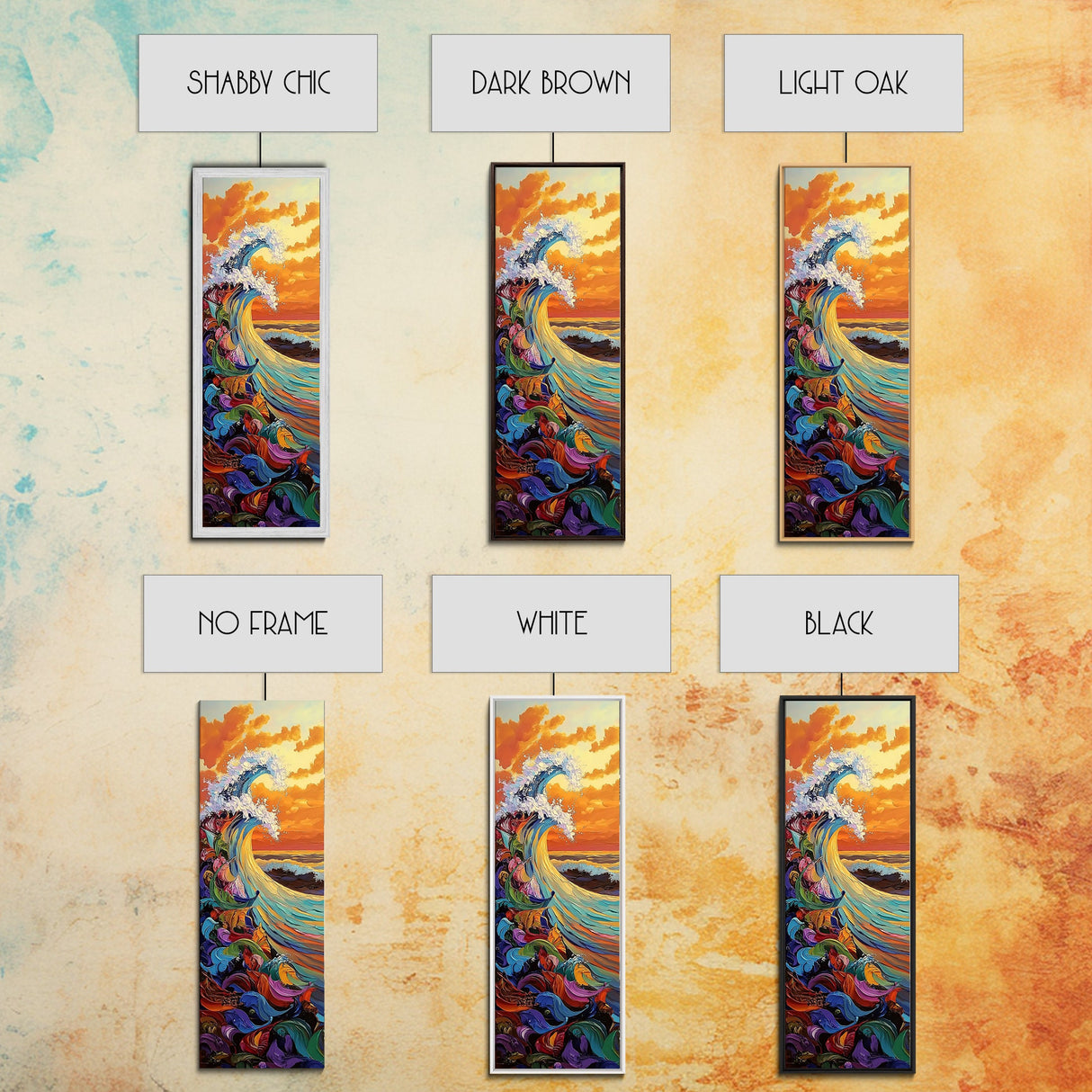 Ocean Wave, Sunset, Splash - Framed Canvas Print coastal wall art, colorful seascape decor, vibrant wave art, living room beach painting