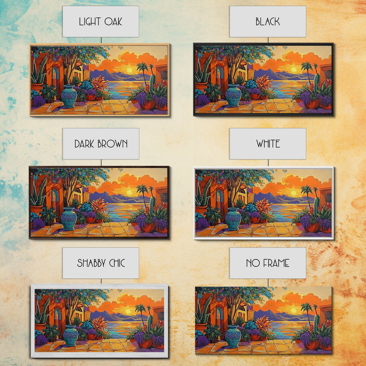 Sunset Courtyard, View, Vibrant sunset courtyard scene with ocean and mountain backdrop, Framed Canvas Print, kitchen wall art