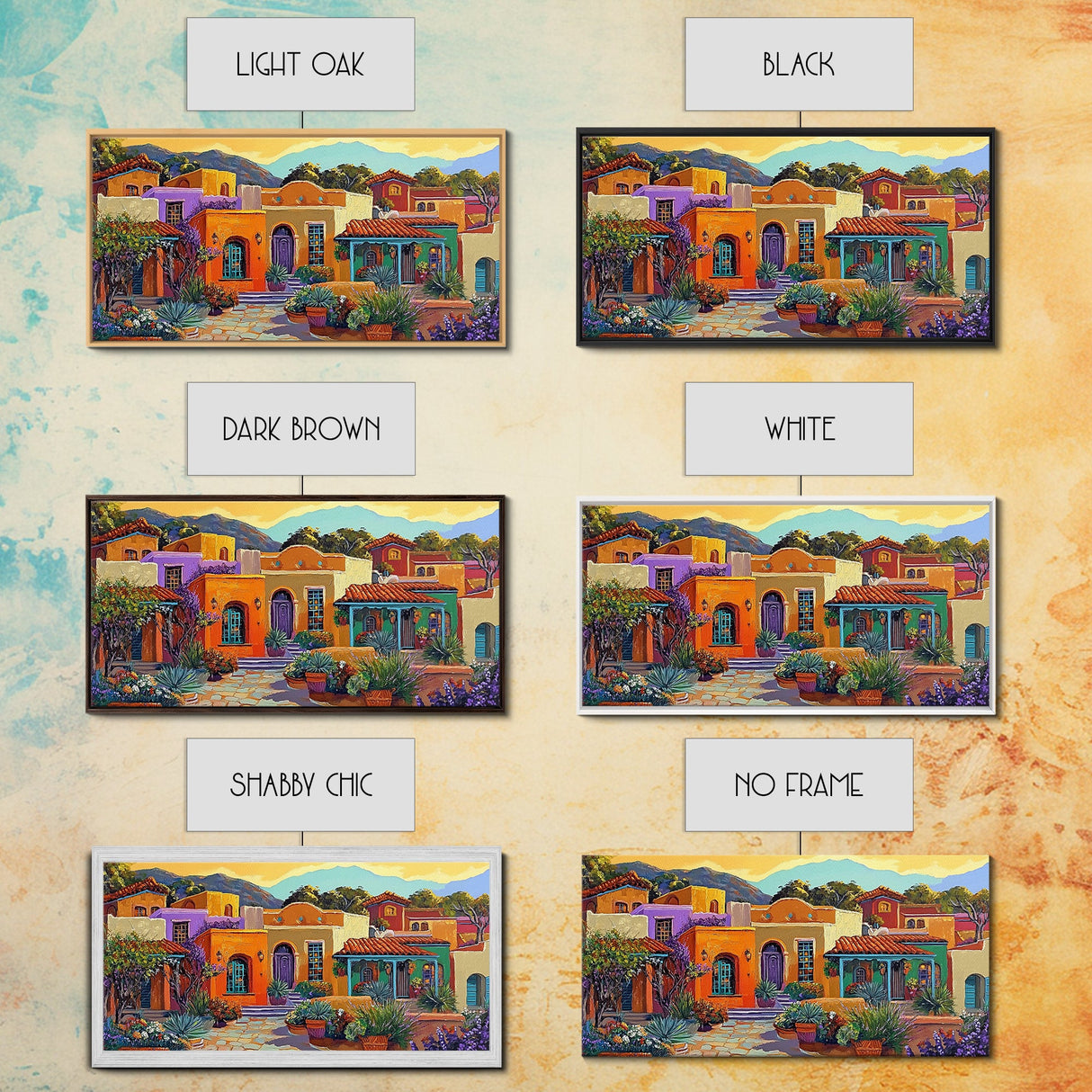 Colorful Adobe Homes, Desert Village Scene, Southwest Art Style, Canvas Print, Boho Wall Decor, Vibrant Courtyard Painting