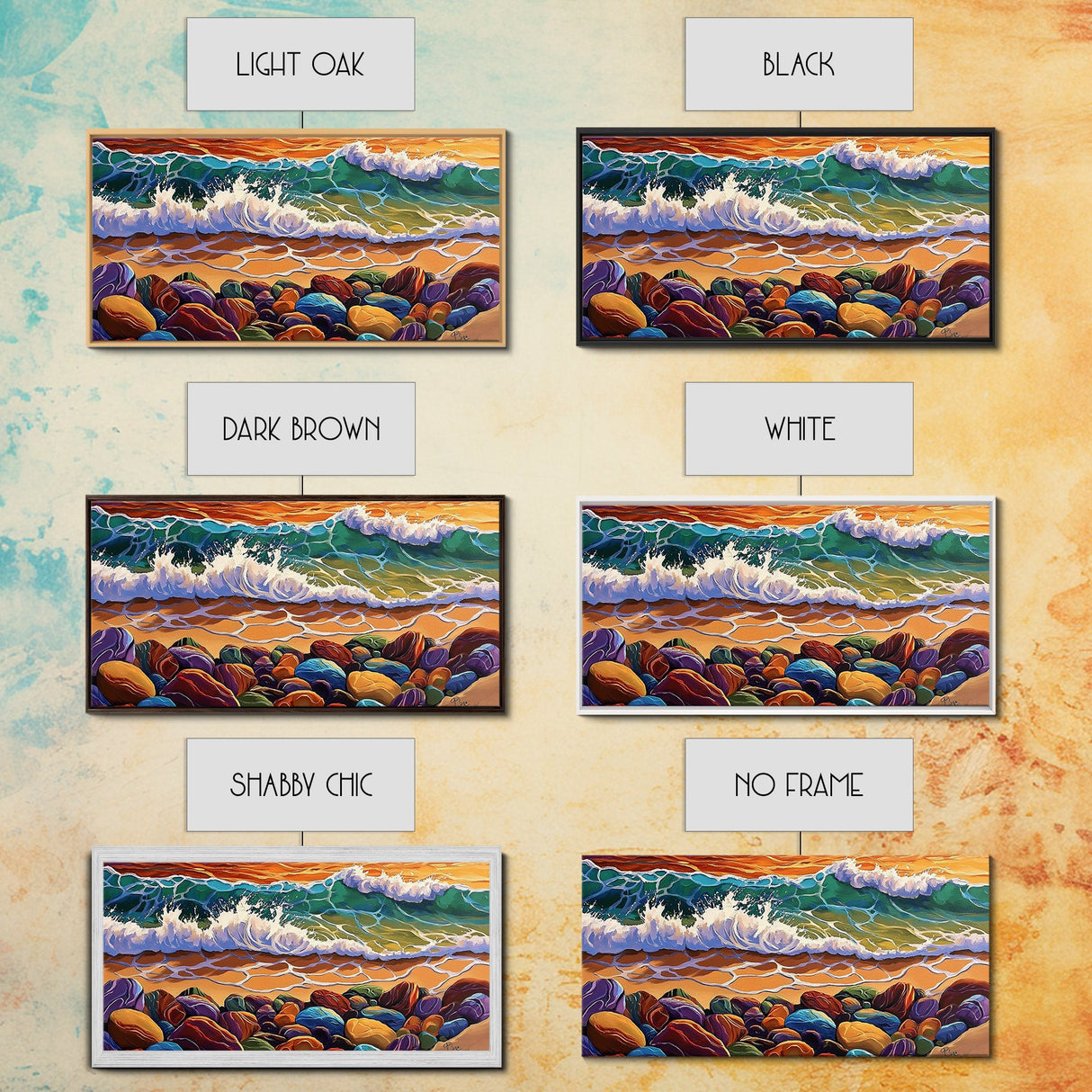 Colorful Ocean, Stones, Framed Canvas Print, Sunset wave beach scene, Living Room Wall Art, coastal decor, boho landscape painting