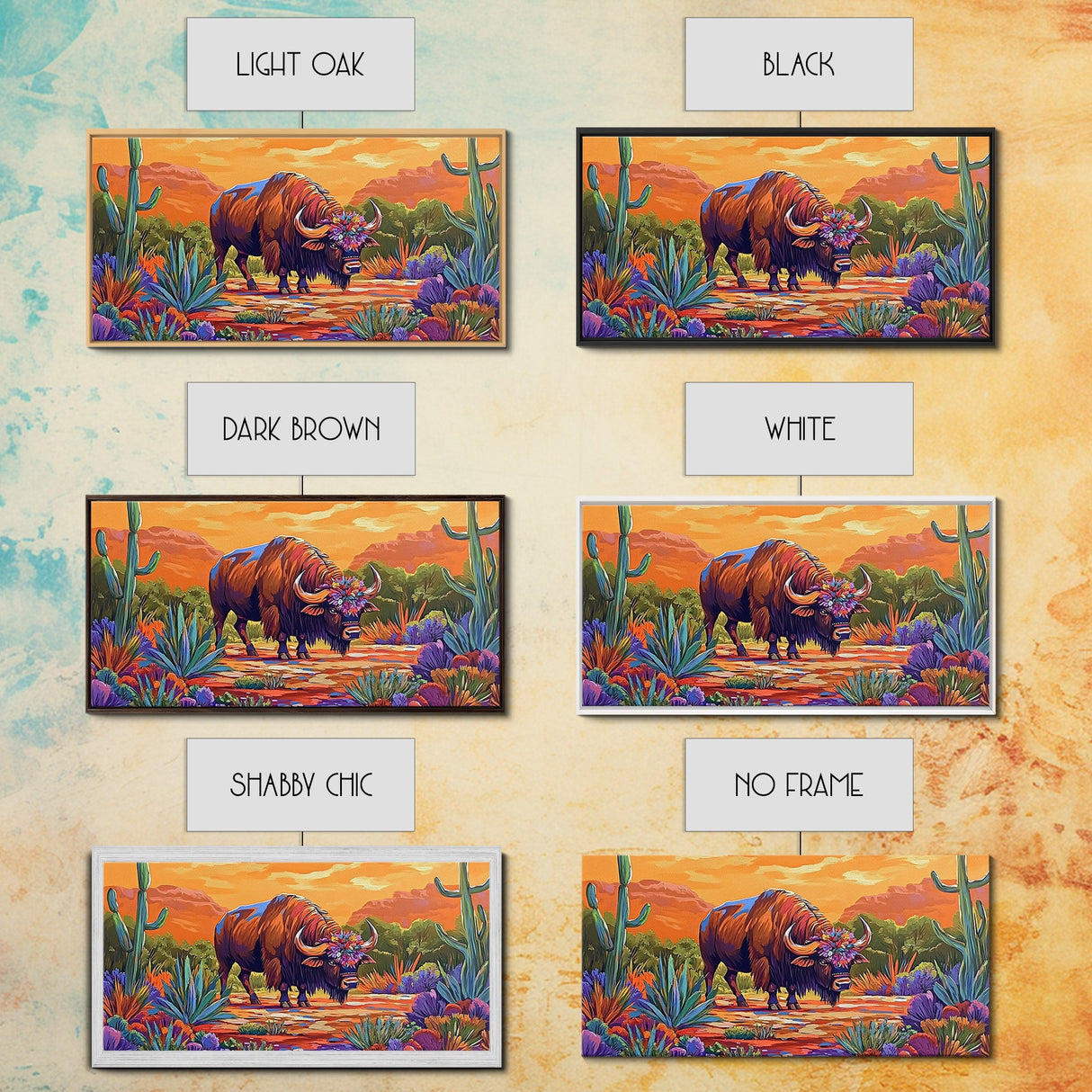 Buffalo Desert, Flowers, Canvas Print, Western buffalo art, colorful desert scene, ranch decor, Office Wall Art, Autumn Wall Art