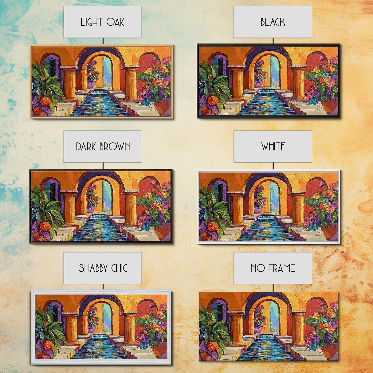 Courtyard Fountain, Colorful, Mediterranean, Framed Canvas Print, Spanish Style Art, Hallway Wall Decor, Bold Architecture Painting