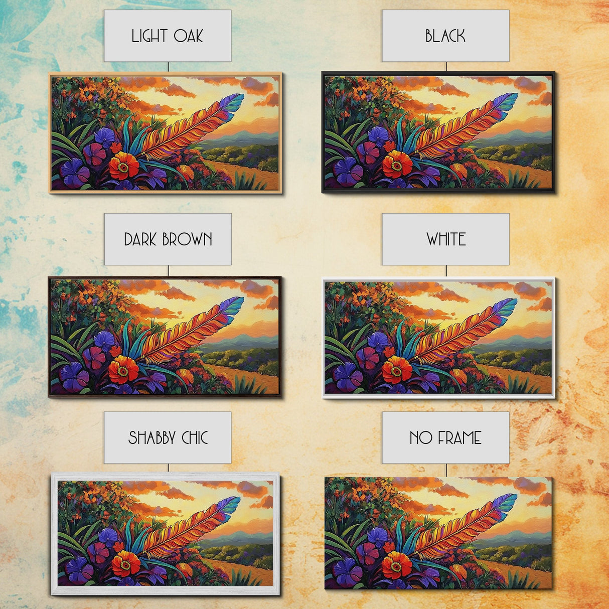 Feather Sunset, Flowers, Nature, Framed Canvas Print, Boho Feather Wall Art, Fall Home Decor, Living Room Autumn Art, Nature Painting