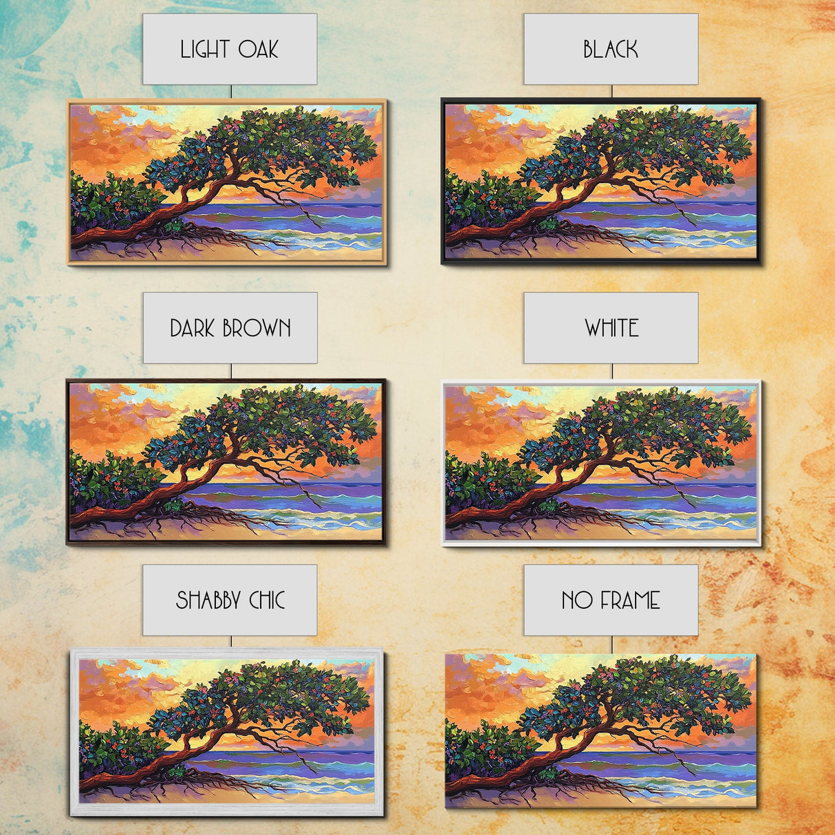 Tropical Tree, Beach, Sunset, Framed Canvas Print nature lover wall decor, boho coastal print, vibrant living room art, island art