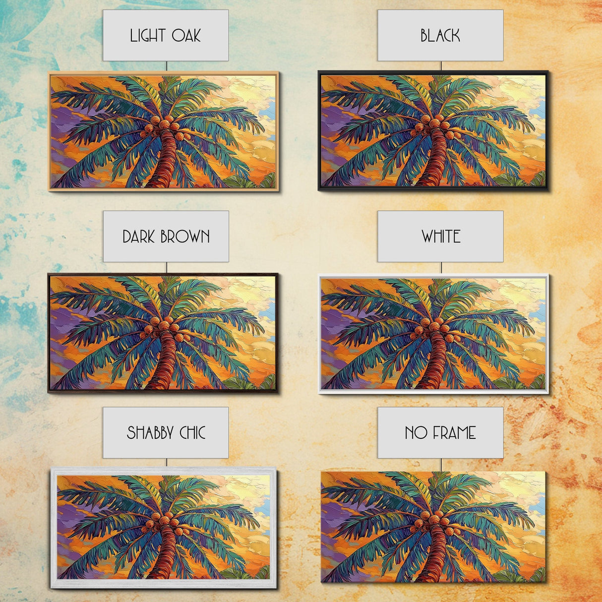 Palm Tree Sunset, Tropical, Framed Canvas Print, Bold colorful palm tree art in sunset sky, great Summer Beach Wall Art, tropical decor