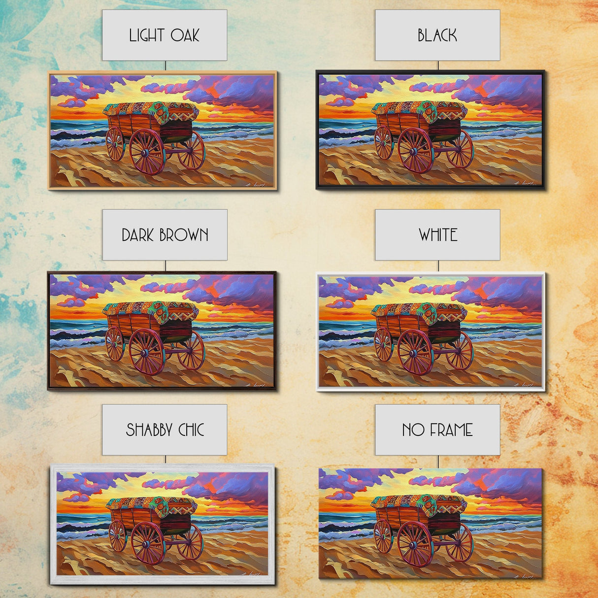 Beach Wagon, Sunset, Decor, Framed Canvas Print western wall art, desert decor, living room boho art, rustic coastal art, beach house