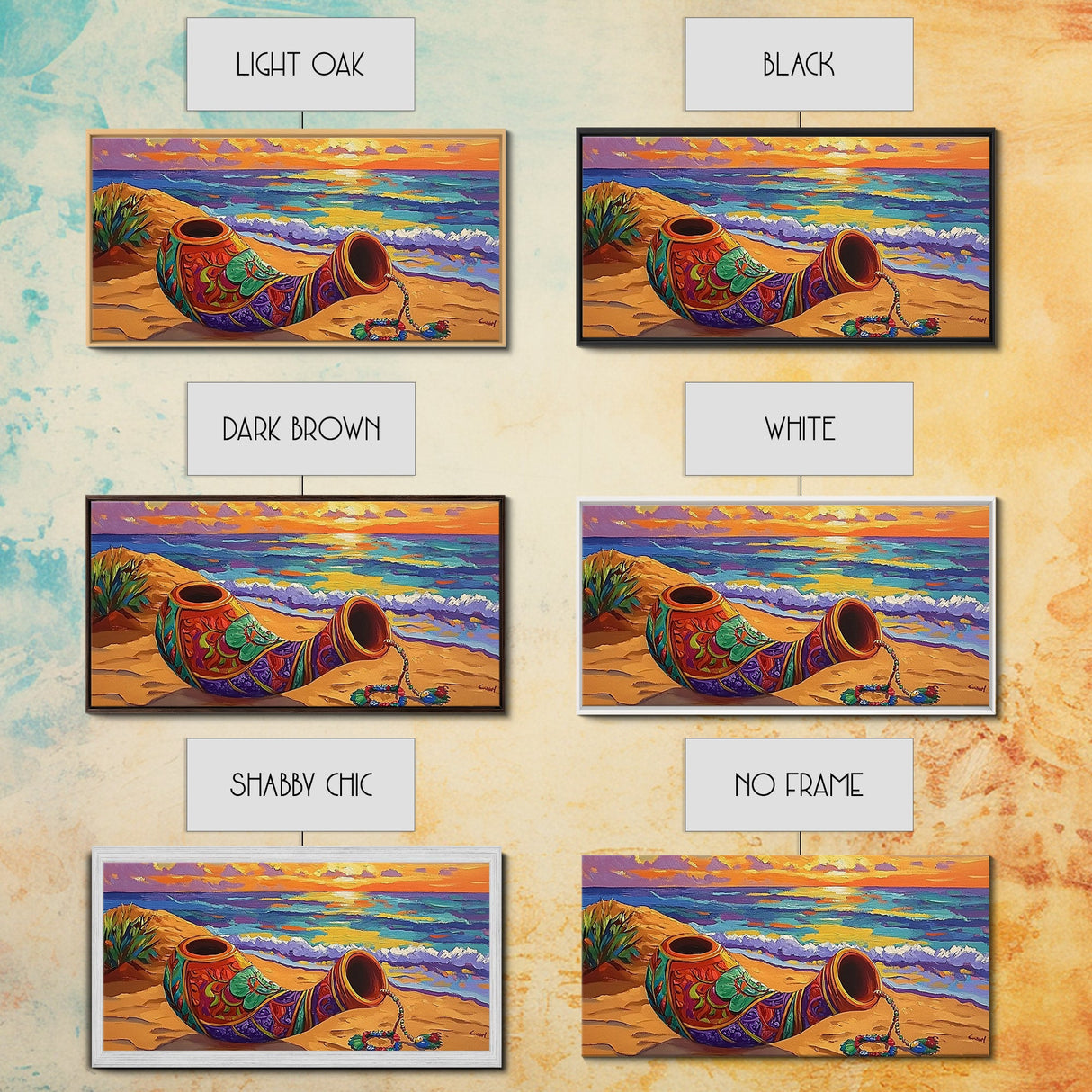 Horn Sand, Sunset, Shore, Framed Canvas Print boho beach decor, living room Mexican art, coastal horn painting, rustic folk art