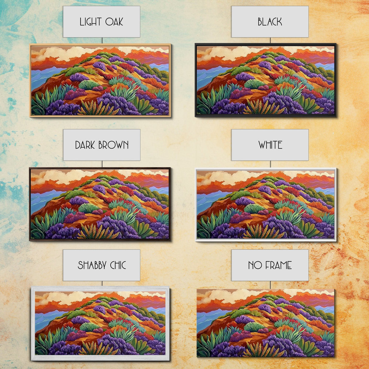 Wildflower Mountain, Sunrise, Hillside, Framed Canvas Print Bold desert landscape, colorful botanical art, boho Fall bedroom decor
