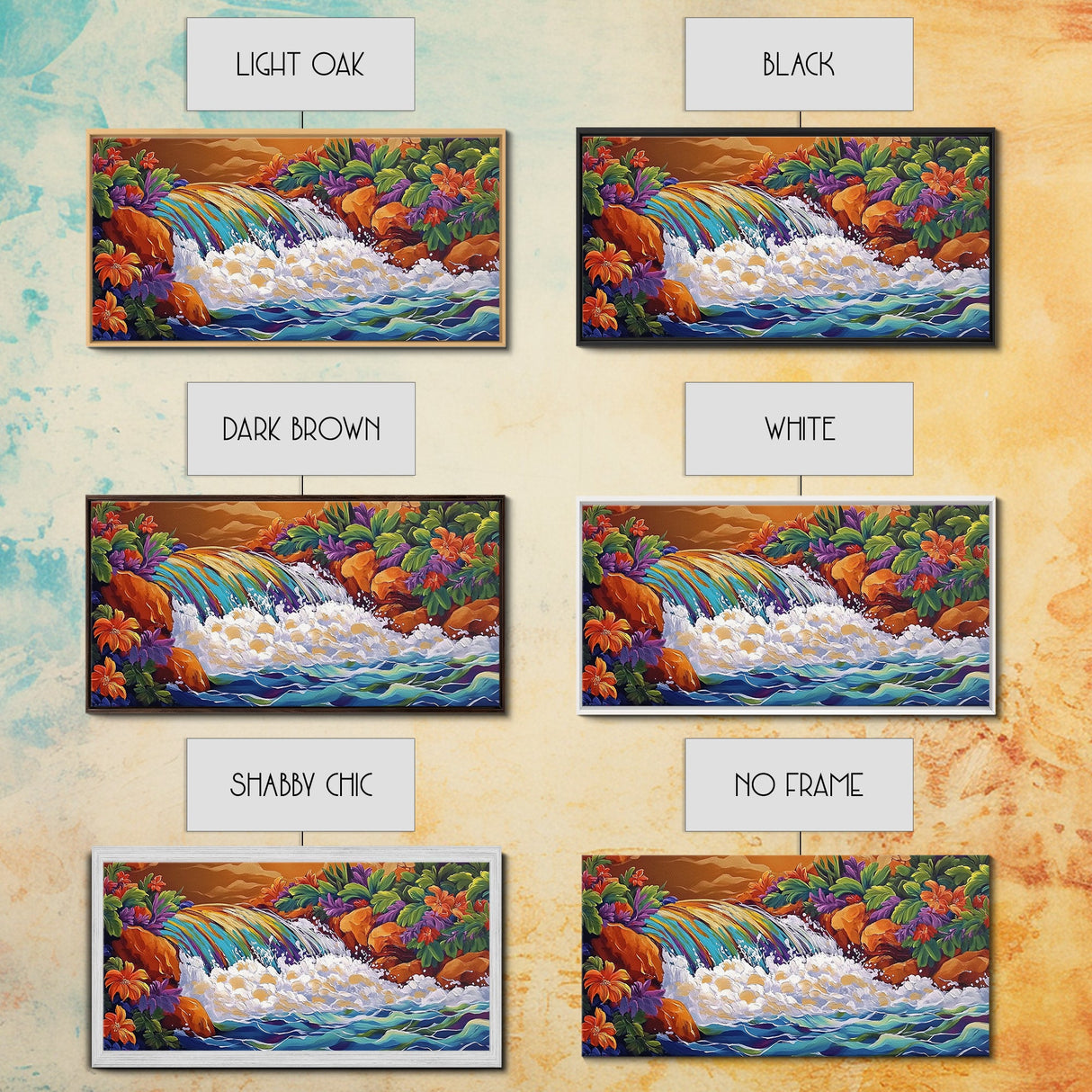 Rainbow, Waterfall, Jungle, Sunset, Framed Canvas Print Tropical boho art, bathroom art, living room decor, floral nature painting