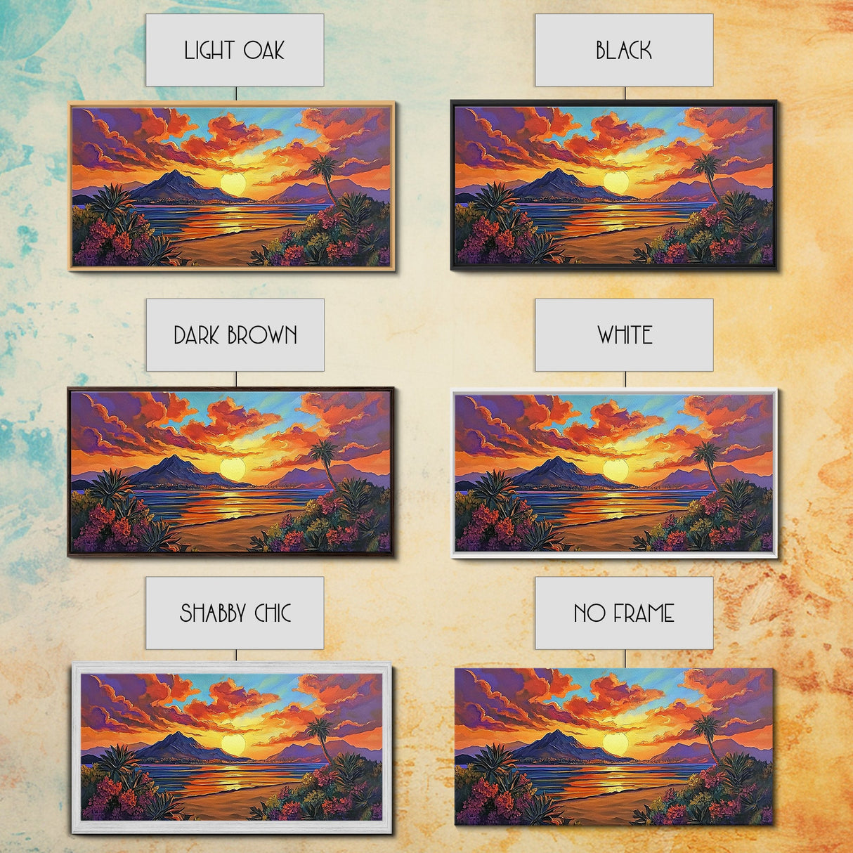 Mountains Tropical, Sunset, Palm Trees, Framed Canvas Print, Bold Landscape Art, Living Room Wall Decor, Sunset View, Boho Decor
