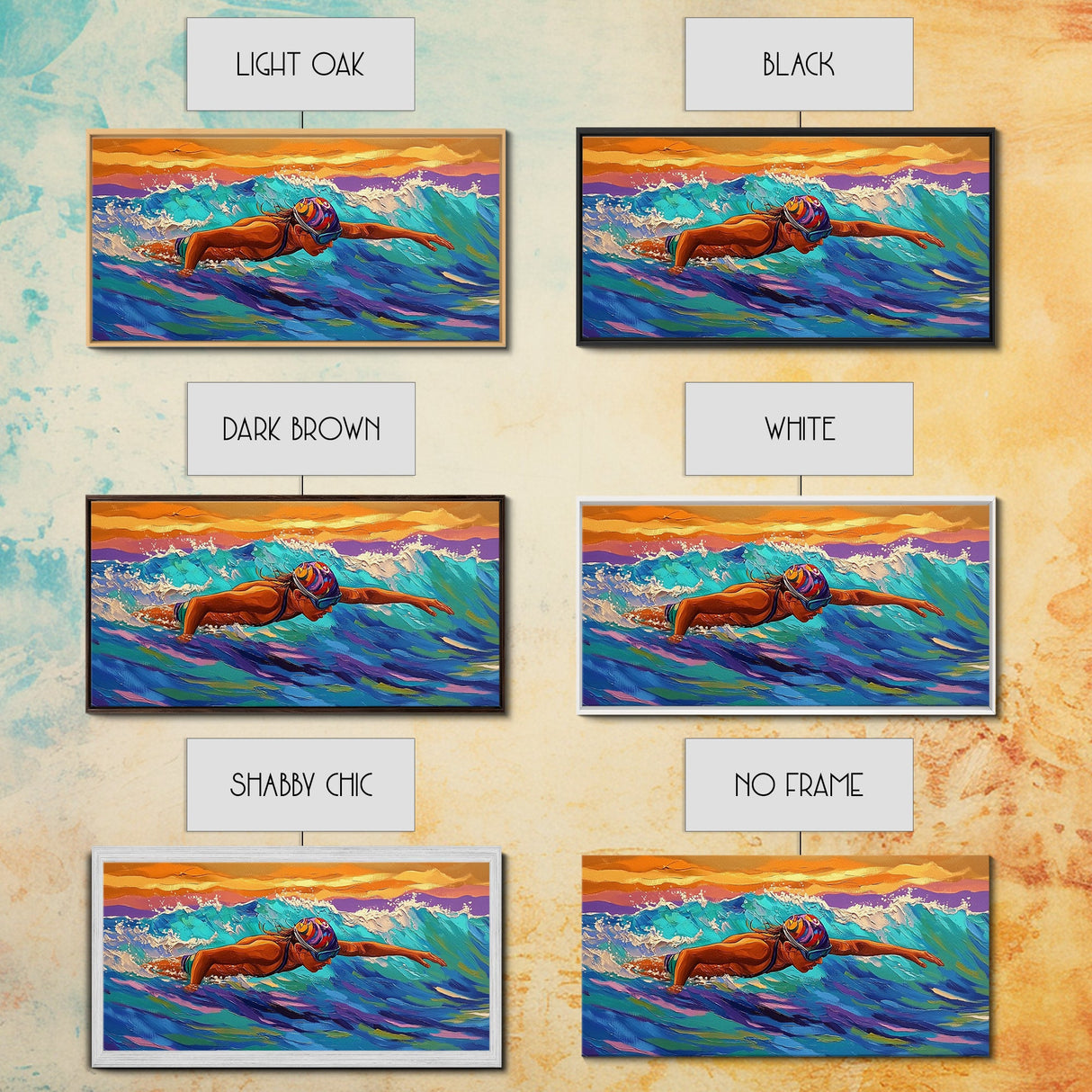Swimmer Waves, Sunset, Athletic Art, Framed Canvas Print, Ocean Decor, Fitness Wall Art, Bedroom Inspiration, Bold Summer Style