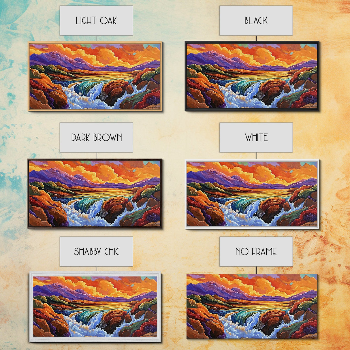 Sunset, Waterfall, Mountains, Autumn, Framed Canvas Print, Mountain sunset wall decor, autumn river art, rustic boho living room art