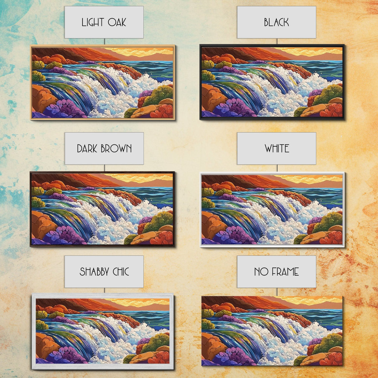 Waterfall Rainbow, Canyon, Bold, Framed Canvas Print vibrant nature bathroom decor, boho rainbow mountain wall art, fantasy print