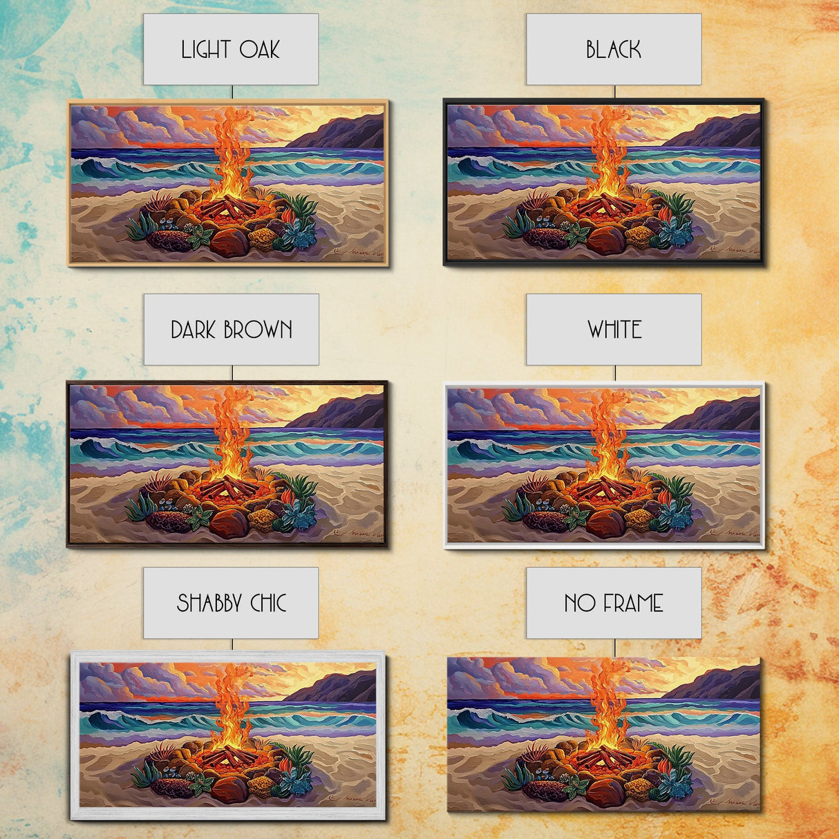 Beach Campfire, Sunset, Tropical Vibes, island evening Canvas Print, fall boho decor, colorful beach firepit living room wall art