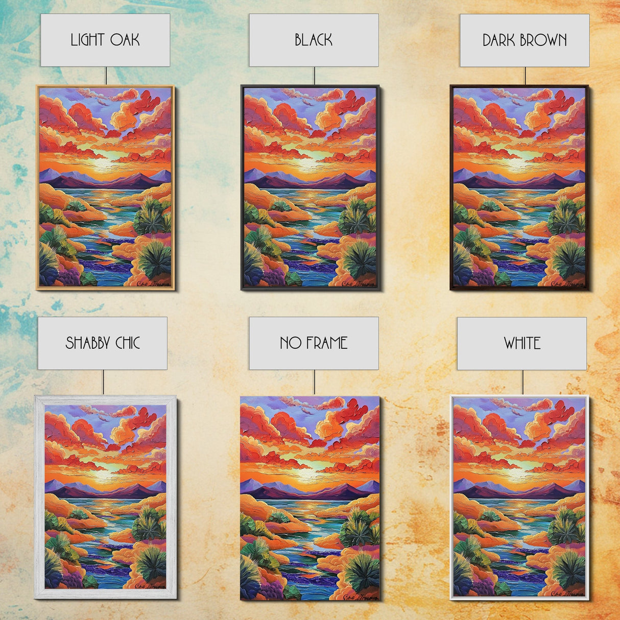 Sunset Desert, River, Color, Framed Canvas Print dreamy painted desert river sunset, colorful sky landscape artwork, nature boho art