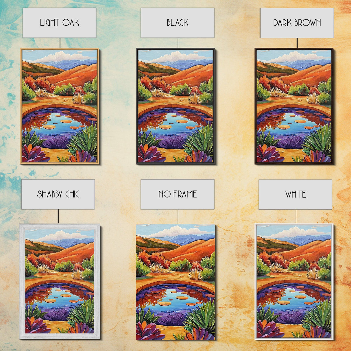 Pond Reflection, Nature, Desert, Framed Canvas Print tranquil desert pond painting, colorful reflection landscape art, entryway wall decor