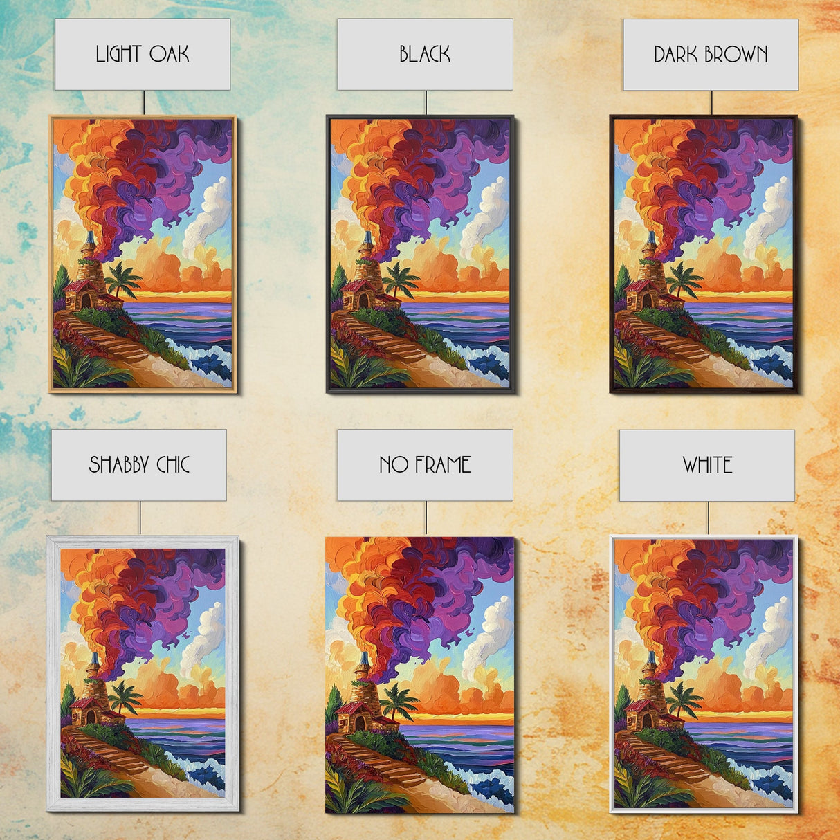 Lighthouse Sunset, Tropical, Path, Canvas Print, Colorful coastal home décor, beach house art, tropical living room wall painting