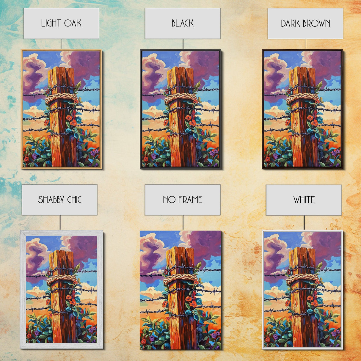 Fence Flowers, Sky, Bold, Framed Canvas Print, western barbed wire wall art, farmhouse boho style, sunset rustic decor, entryway or den