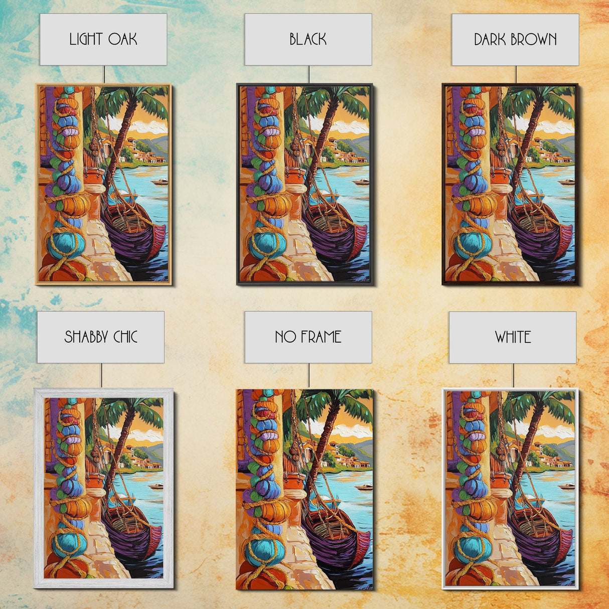 Tropical Boat, Village, Shoreline, Canvas Print, Coastal Wall Art, Vibrant Travel Scene, Boho Seaside Decor, Beach House Painting