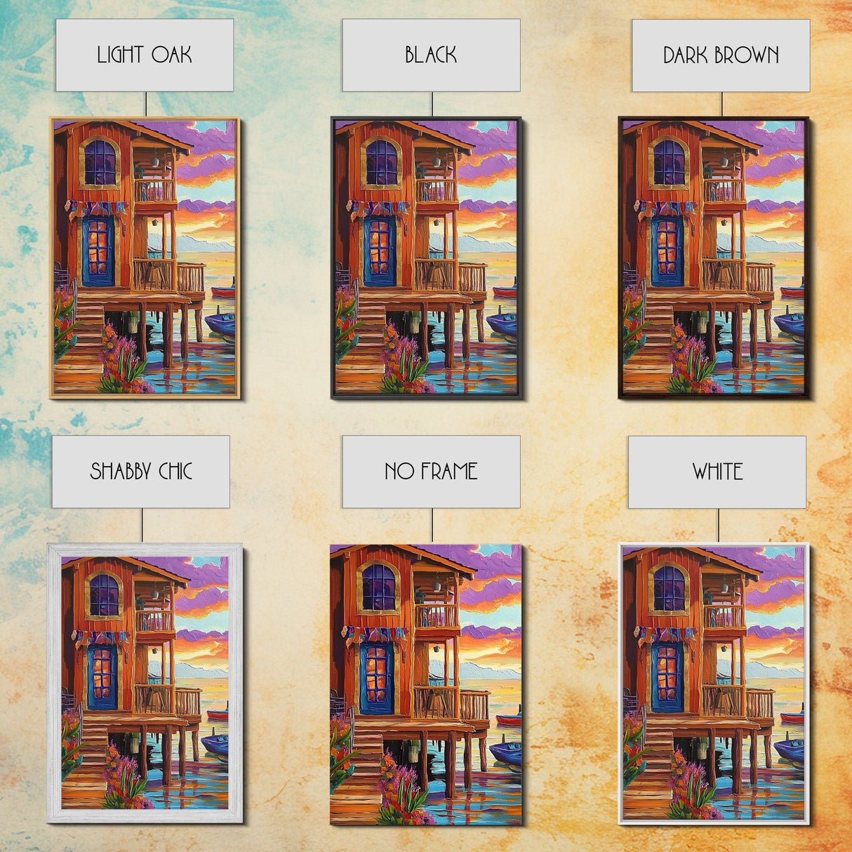 Tropical Sunset, House, Dock, Framed Canvas Print vibrant coastal house wall art, beach wall decor, sunset painting, tropical room decor