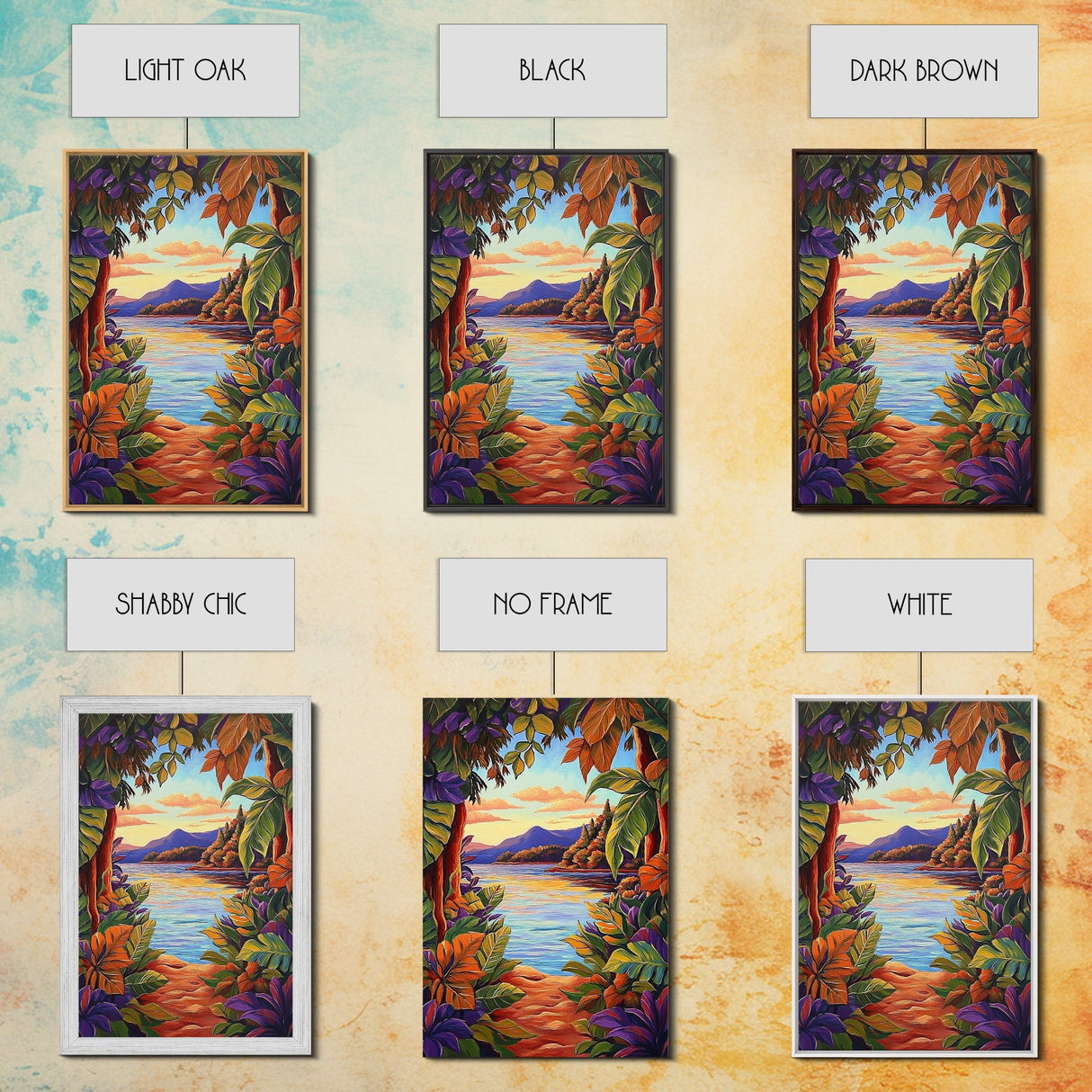 Tropical Lake, Sunset, Leaves, Canvas Print colorful tropical art, jungle boho decor, vibrant beach house wall art, exotic nature room print