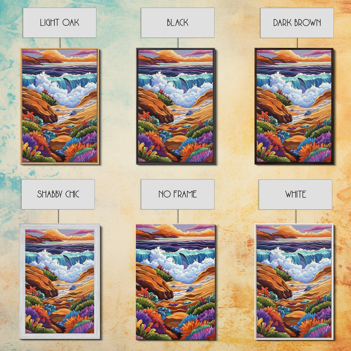 Ocean Rocks, Colorful, Framed Canvas Print, Coastal Sunset Wall Art, Bold Ocean Waves Decor, Living Room Statement Piece, Nature Art Print