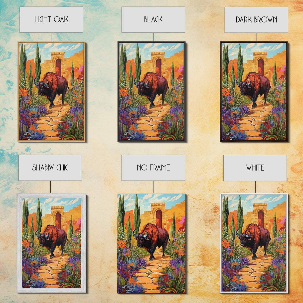 Bison Path, Desert, Framed Canvas Print, Southwest Bull Wall Art, Rustic Western Decor, Vibrant Nature Boho Style, Entryway Wall Art