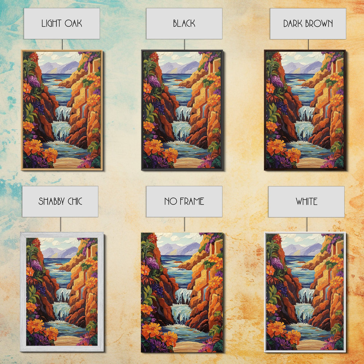 Waterfall Cliffs, Ocean, Framed Canvas Print, Tropical Canyon Wall Art, Colorful Nature Inspired Decor, Bathroom art, Entryway Wall Art