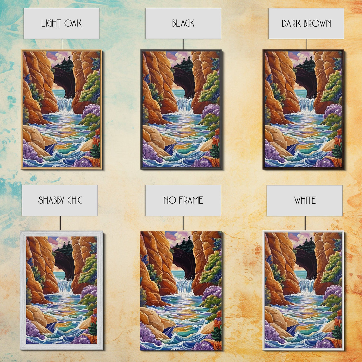 Waterfall Arch, Canyon, Coastal, Framed Canvas Print dramatic coastal waterfall painting, colorful canyon ocean view, nature boho decor