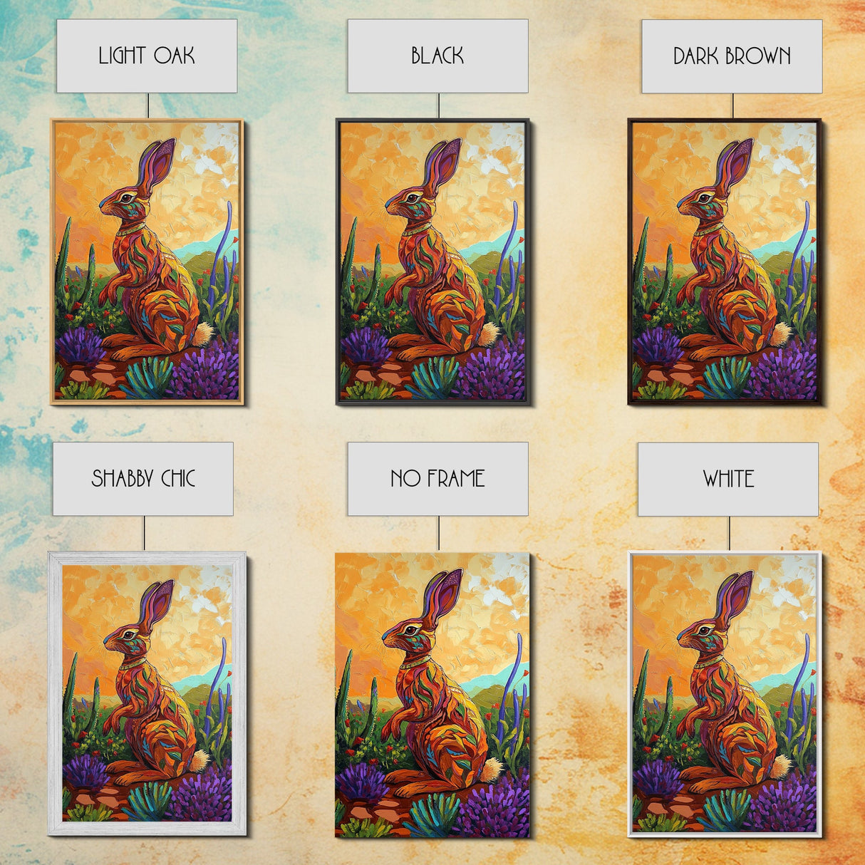 Bunny Cactus, Desert, Whimsical Framed Canvas Print, Eclectic Living Room Wall Art, Boho Southwest Decor, Colorful Animal Painting