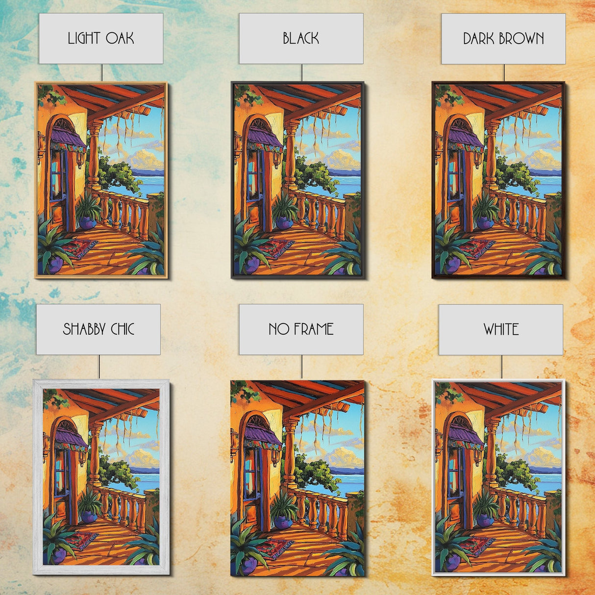 Porch Lake, Peaceful, View, Framed Canvas Print, relaxing patio art, summer lake view, rustic porch decor, Mediterranean vibes painting