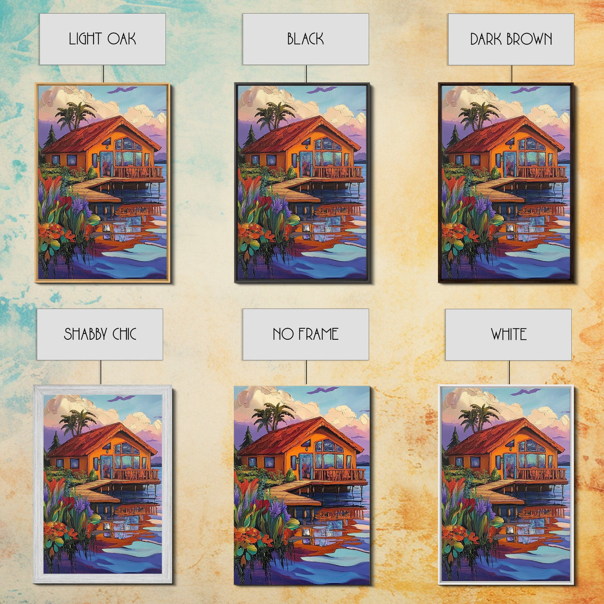Cabin Dock, Water, Reflection, Framed Canvas Print, lake house decor, cozy retreat wall art, rustic reflection painting, fall colors