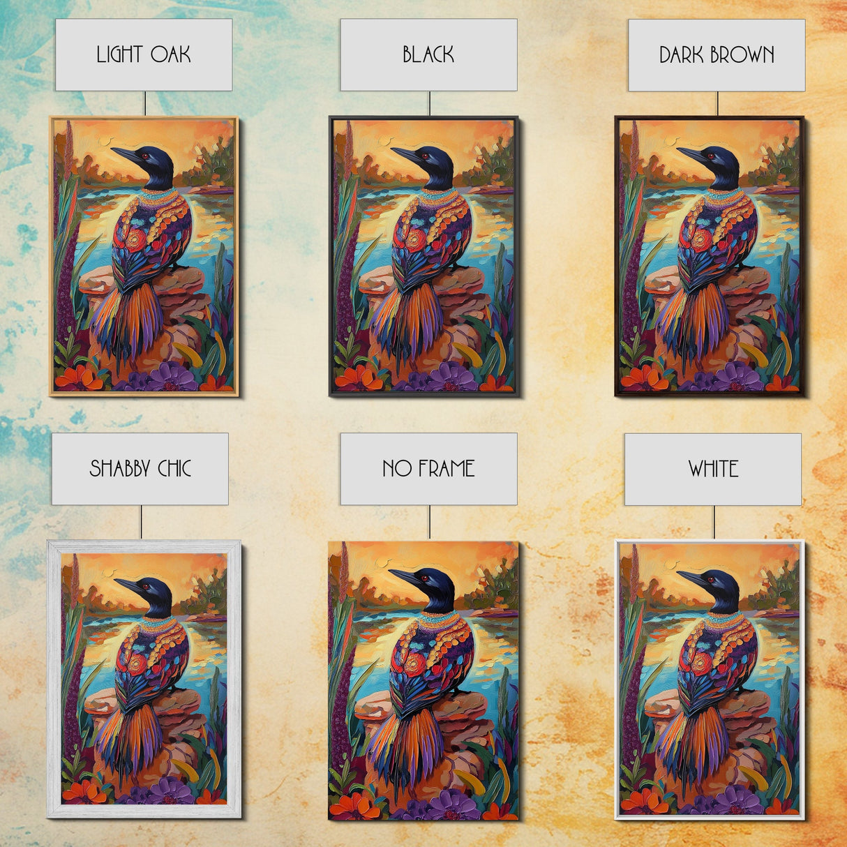Jewel Loon, Sunset, Vibrant Bird Wall Art, Nature Wildlife Decor, Eclectic Home Accent, Living Room Boho Framed Canvas Print