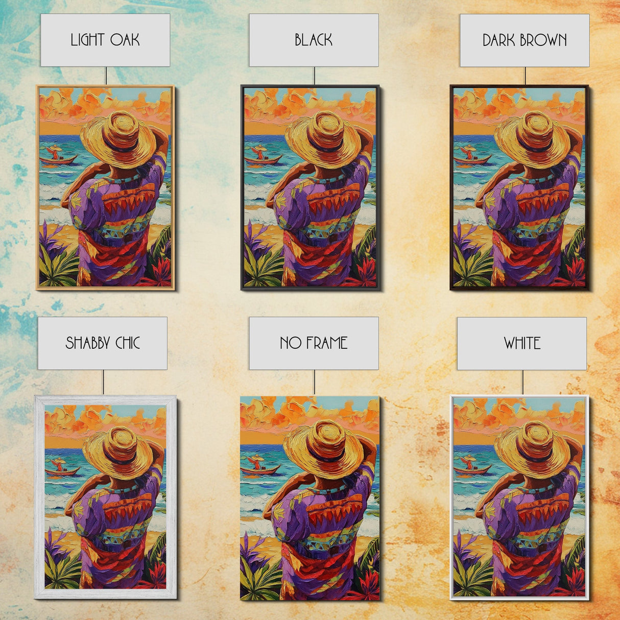Seaside Man, Sunset, Framed Canvas Print, Vibrant beach artwork, coastal boho decor, hallway wall art, Mexico travel scene painting