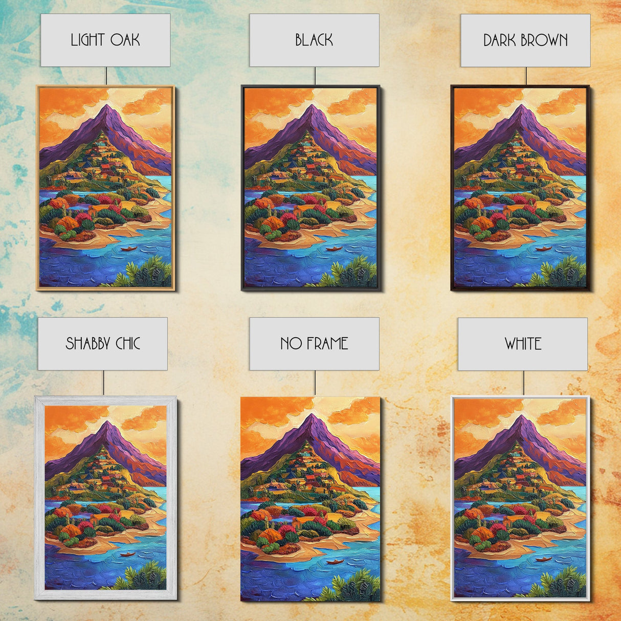 Mountain Village, Sunset, Adventure, Framed Canvas Print, Bright Landscape Wall Art, Colorful Home Decor, Eclectic Living Room Art