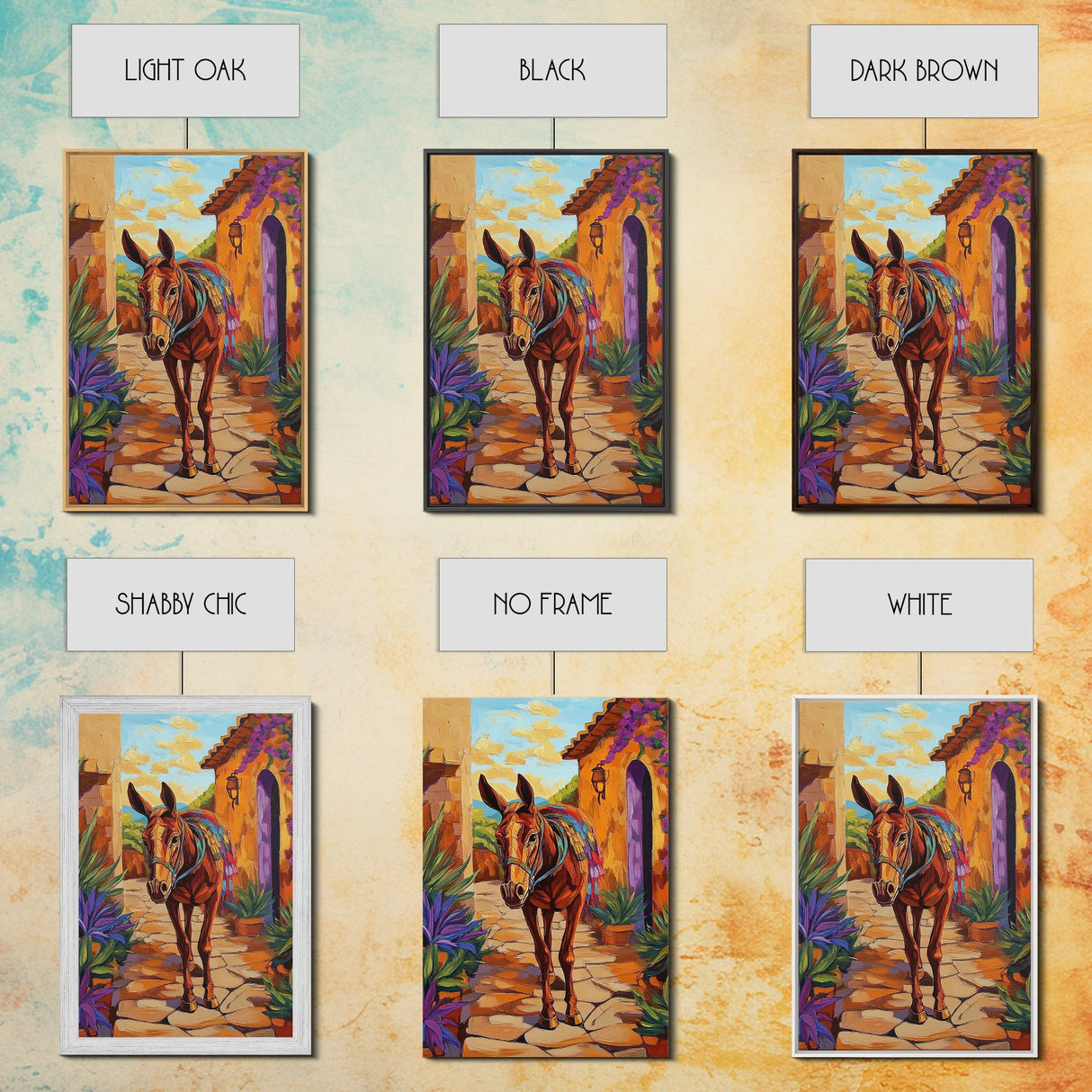 Donkey Village, Rustic, Whimsy, Framed Canvas Print, Southwestern Farmhouse Decor, Colorful Animal Wall Art, Entryway Accent Piece