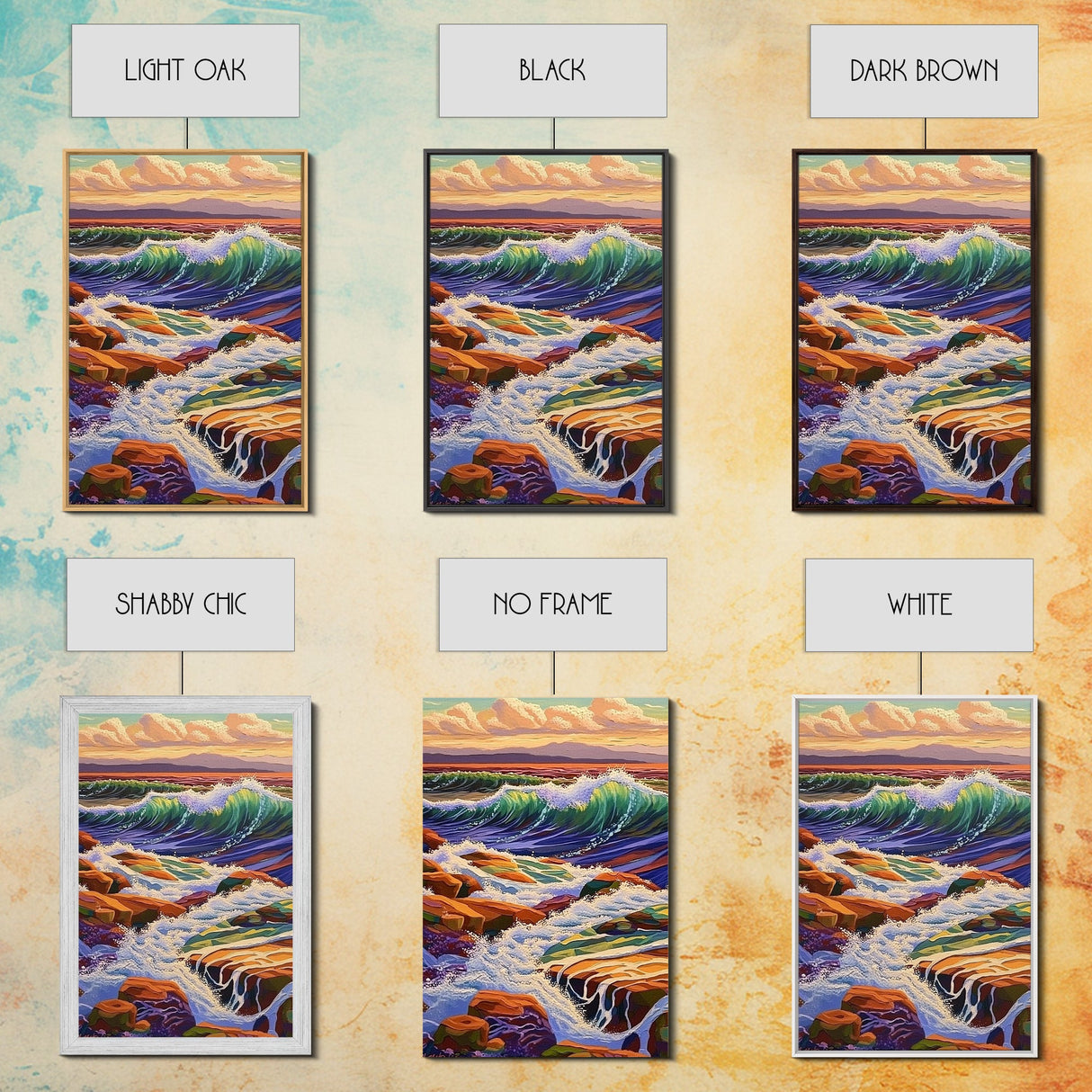 Waves Rocky, Shoreline, Sunset, Framed Canvas Print, Coastal Nature Art, Vibrant Seascape Wall Decor, Bathroom or Living Room Art