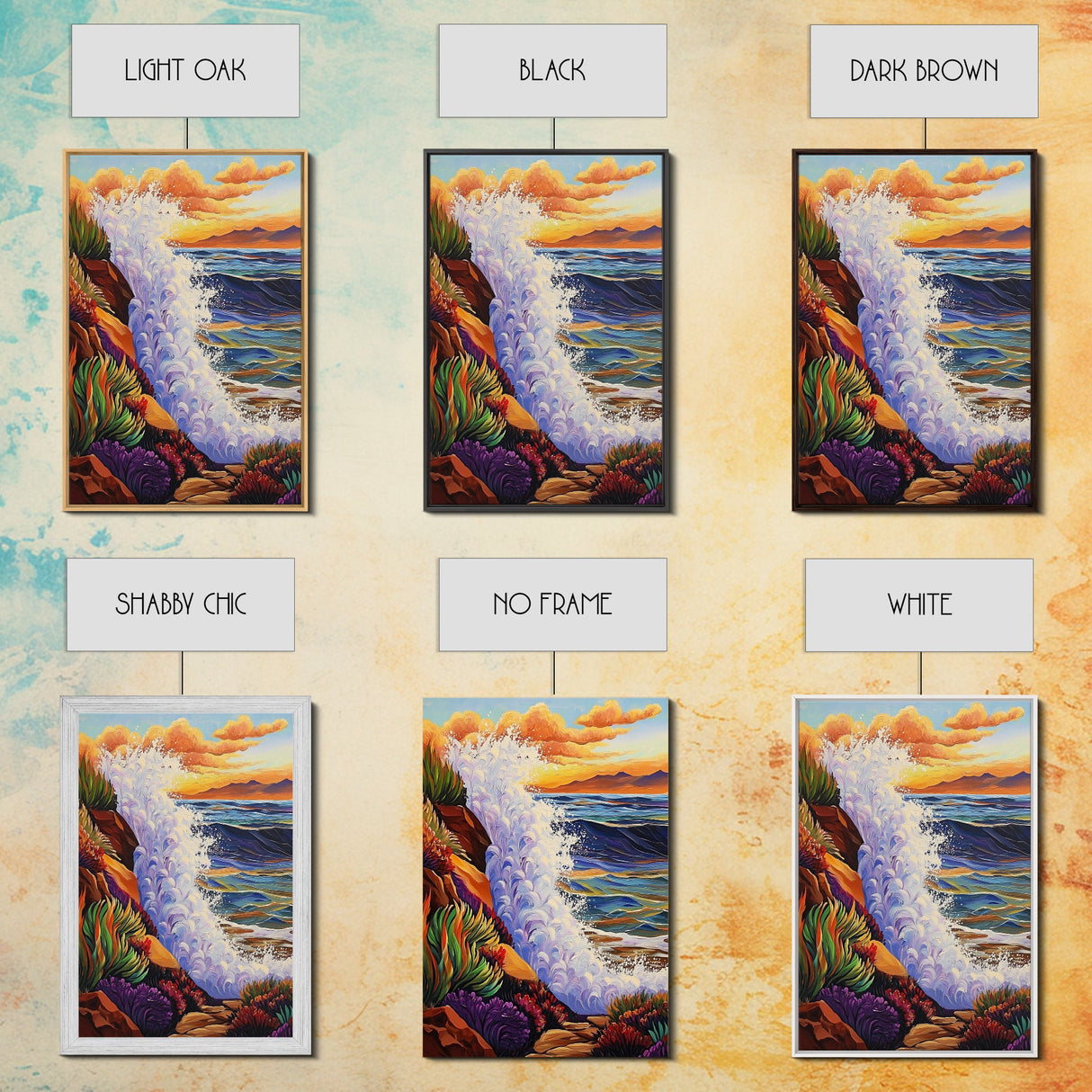 Wave Splash, Cliffside, Sunset, Framed Canvas Print, Bold Ocean Wall Art, Coastal Living Room Decor, Vibrant Beach Seascape Painting