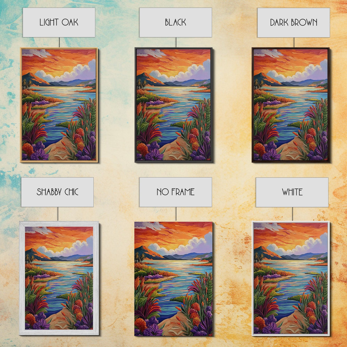 Lake Sunset, Wildflowers, Peaceful, Framed Canvas Print, Serene Nature Wall Art, Bedroom or Living Room Decor, Vibrant Landscape Style