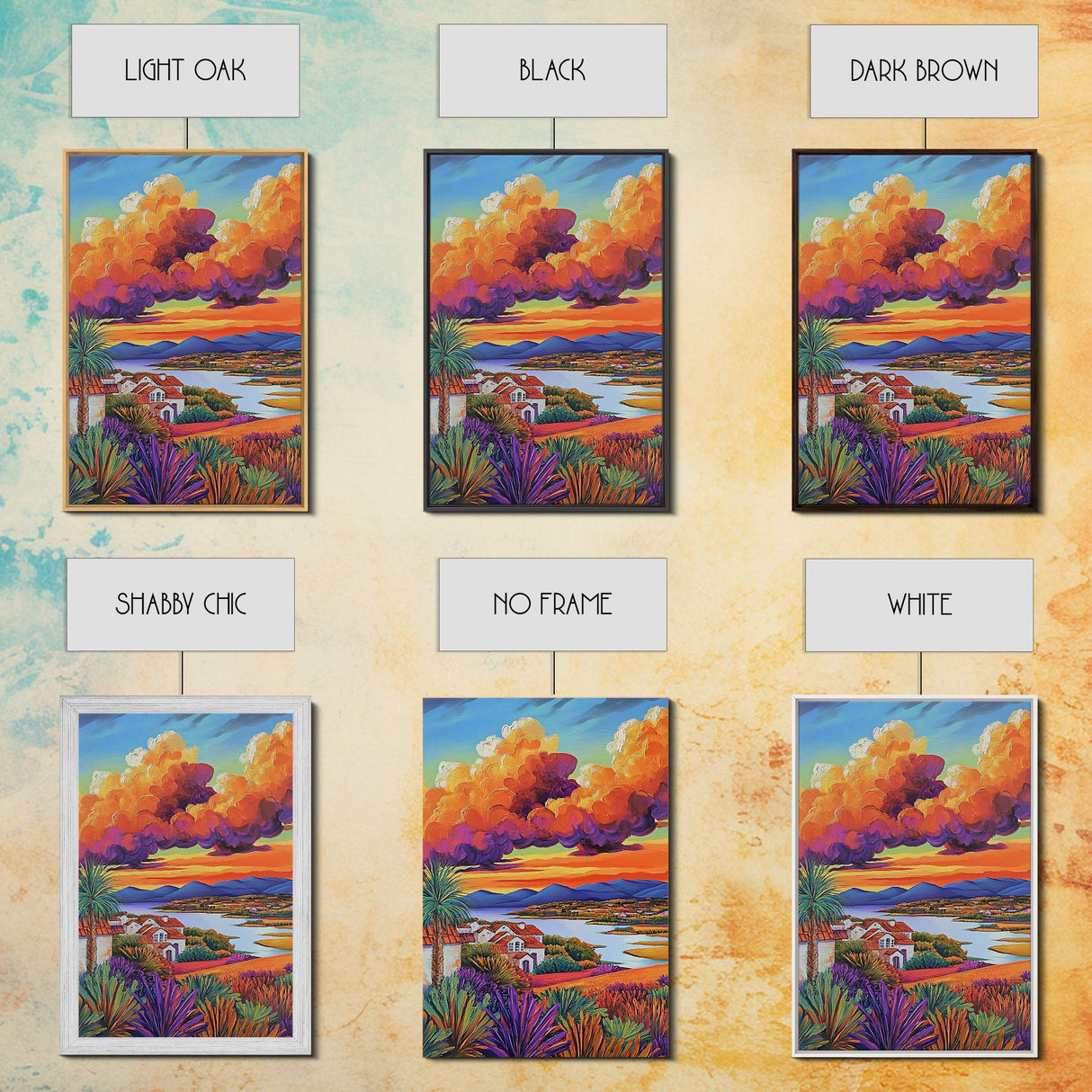 Village Sunset, Clouds, Landscape, Framed Canvas Print, Colorful Scenic Wall Art, Rustic Living Room Decor, Mediterranean Countryside