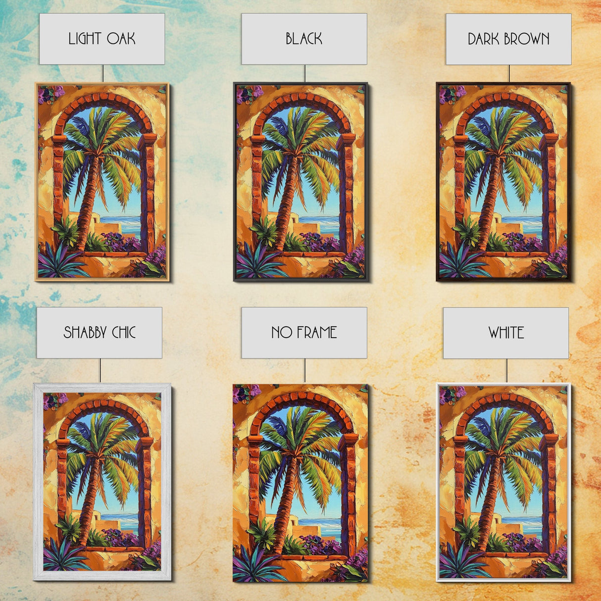 Palm Tree, Tropical Window, Coastal Home, Framed Canvas Print, beach wall art, boho art, Mediterranean decor, Kitchen Wall Art