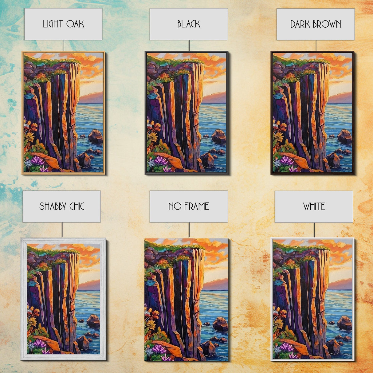 Cliff Sunset, Sea, Canvas Print, Bold coastal wall art, rocky cliff painting, dramatic sunset scene, office or den decor, nature inspired art