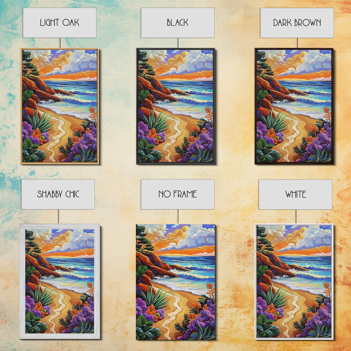 Coastal Sunset, Tropical Beach, Colorful Seascape, Ocean Art, Framed Canvas Print, Vibrant wall decor, Bathroom Wall Art, boho art