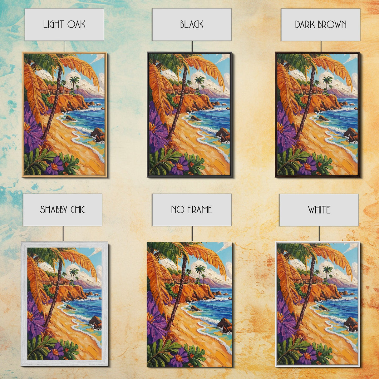 Tropical Beach, Huts, Framed Canvas Print, Island paradise artwork, palm tree coastal decor, bathroom or entryway art, boho summer scene