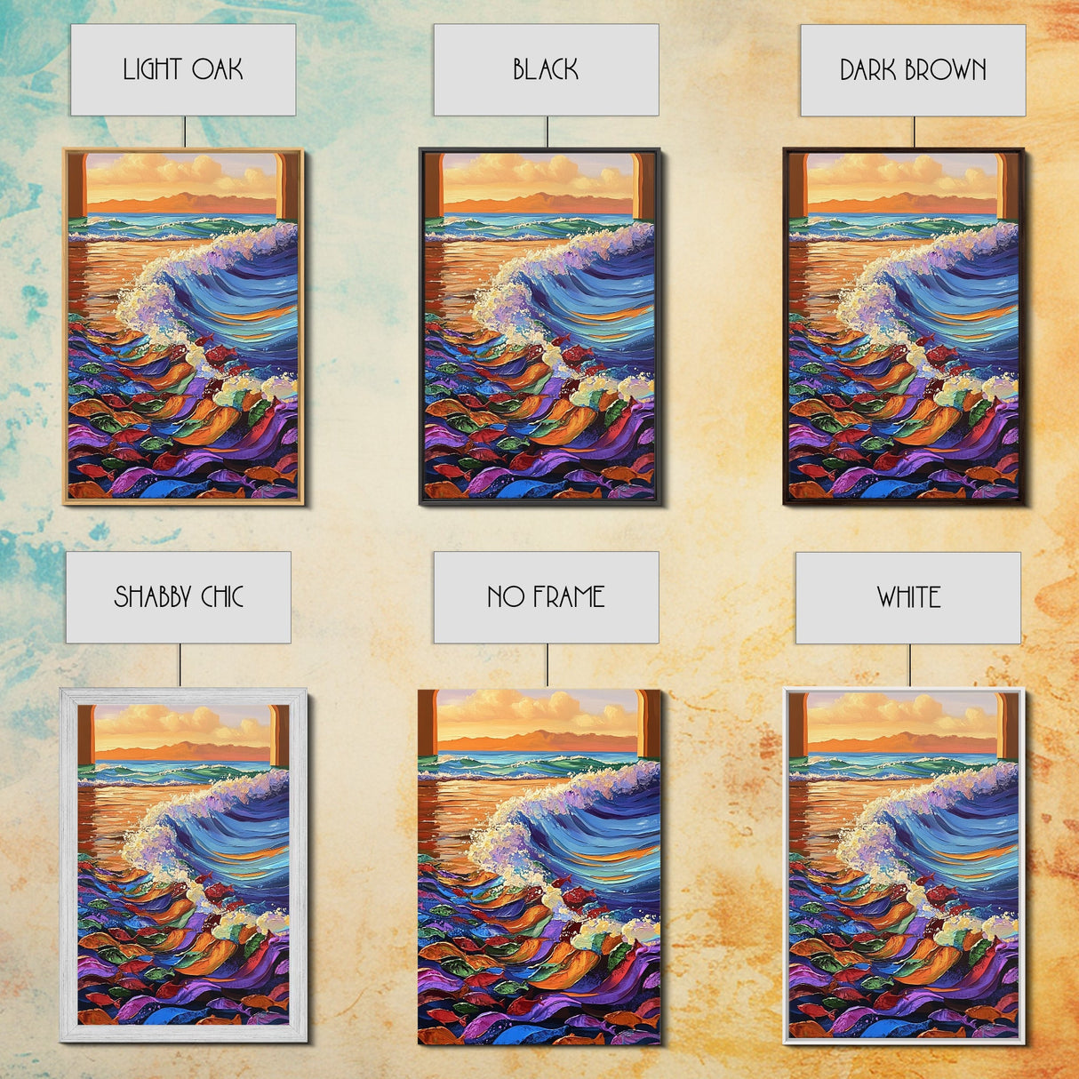 Wave Splash, Colorful Fish, Ocean Dance, Sunset Surf, Framed Canvas Print, Coastal Wall Art, Playroom Decor, Underwater Fantasy Art