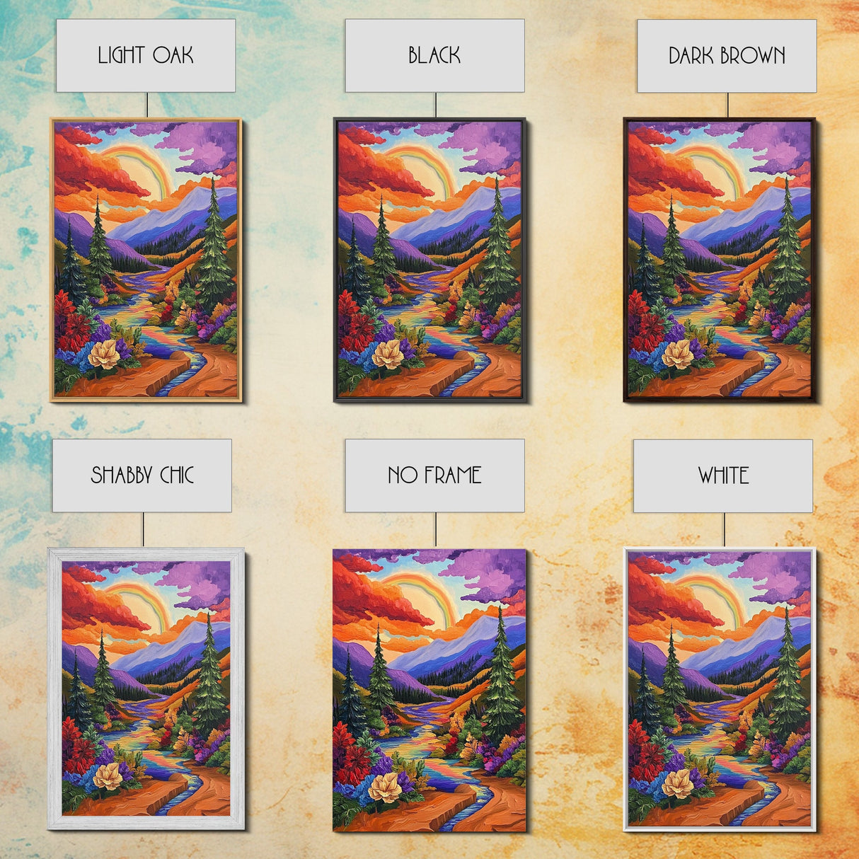 Rainbow Over Mountains, Sunset Pine Forest, Vibrant Landscape, Framed Canvas Print, Kids Room Art, Uplifting Boho Style Wall Decor
