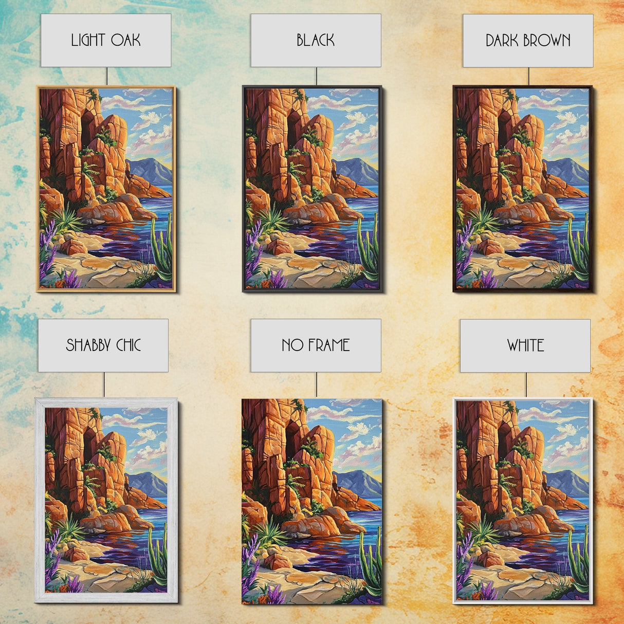 Desert Cliffside, Ocean View, Nature Painting, Colorful Landscape, Living Room Wall Art, Framed Canvas Print, Southwest Home Decor